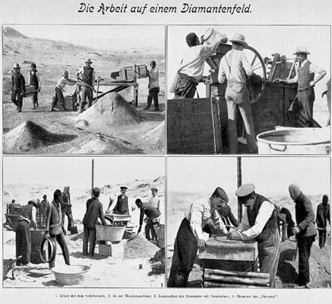 Vier Szenen der Arbeit auf einem Diamantenfeld: Schüttelsieb, Waschmaschine, Handsiebe, Absuchen